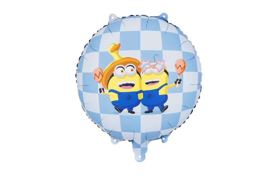 Partydeco Folienballon Minions rund gelb-blau, 35x35 cm, inkl. Strohhalm