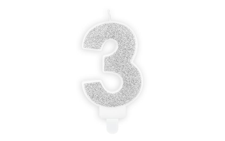 Partydeco Geburtstagskerzen Zahl 3 silber, 7 cm, 1 Stk