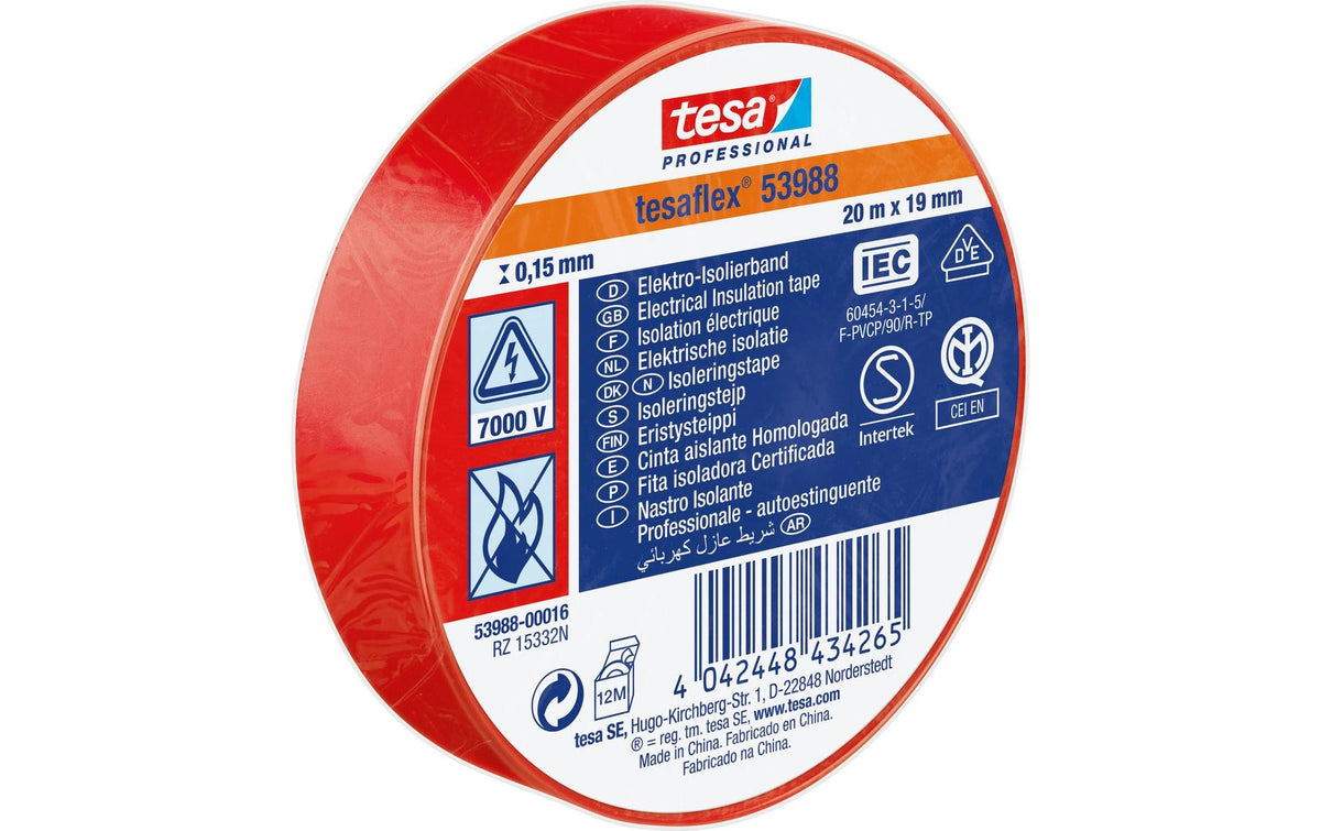 tesa Isolierband SPVC Elektroband rot 20m x 19mm, Rot