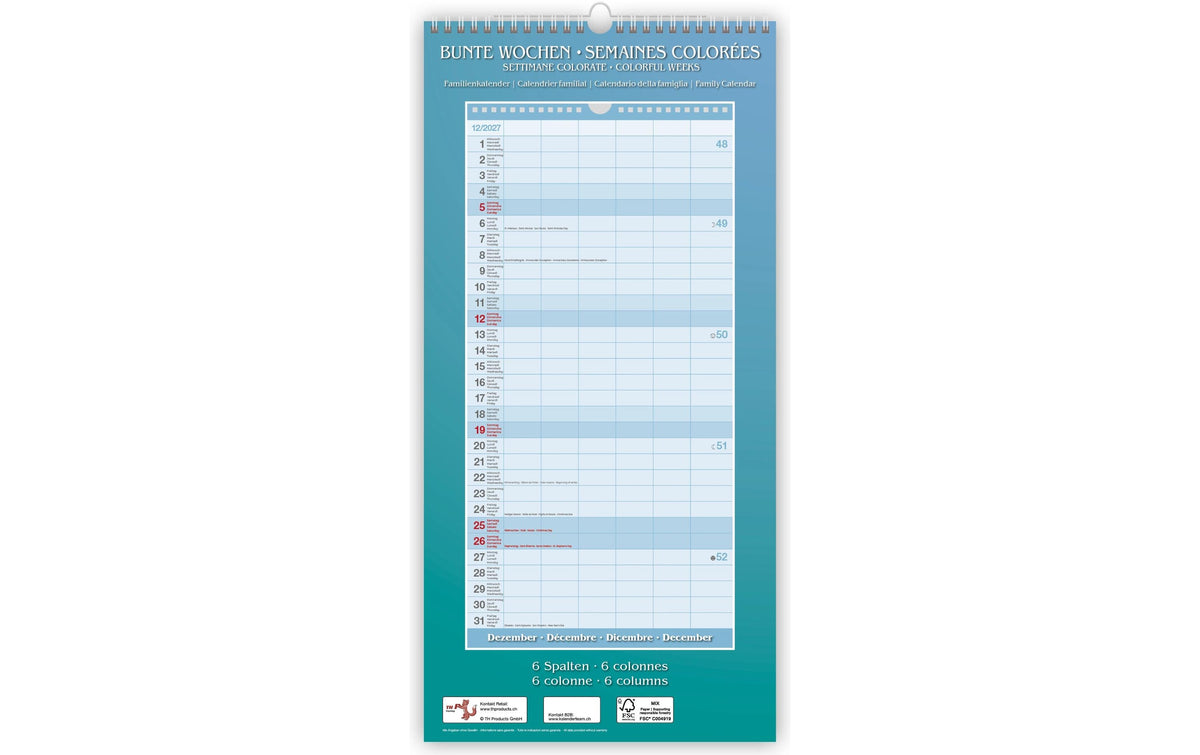 Familienkalender Bunte Wochen 2027 22x45 cm