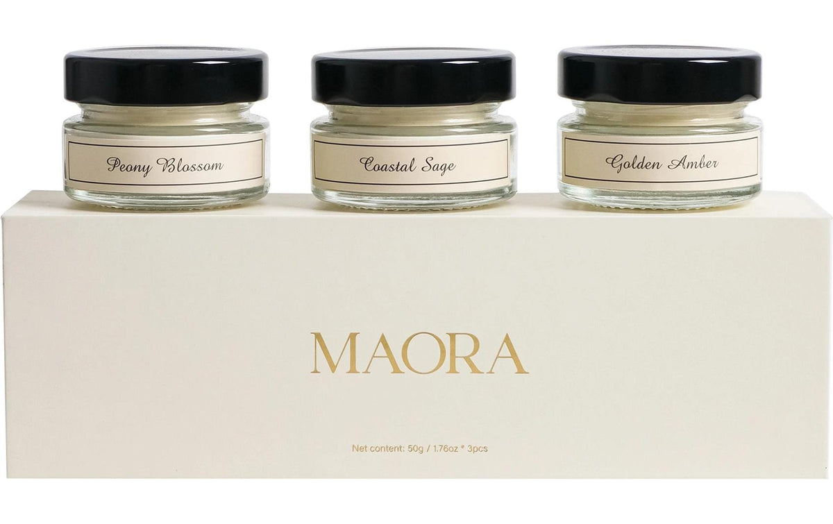 Maora Geschenkbox Duftkerzen 3x50 Gramm Peony Blossom,Golden Amber,Coastal Sage