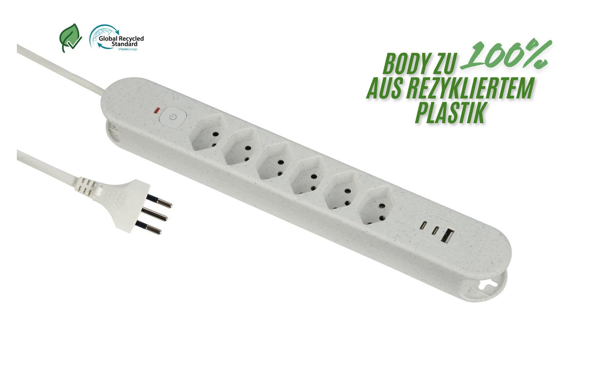 Schönenberger Steckdosenleiste ReLife USB 6xT13, 2x USB-C, 1x USB-A, 1.8m Kab, weiss