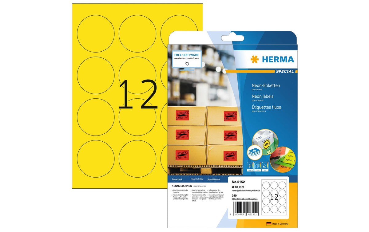 HERMA Neonetiketten A4, Ø 60 mm, rund, leuchtgelb, permanent