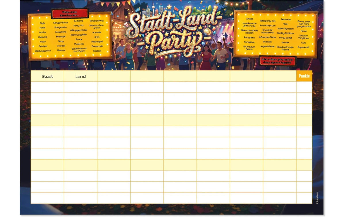 Trendform Papiertischset STADT-LAND-PARTY Block mit 50 Blatt
