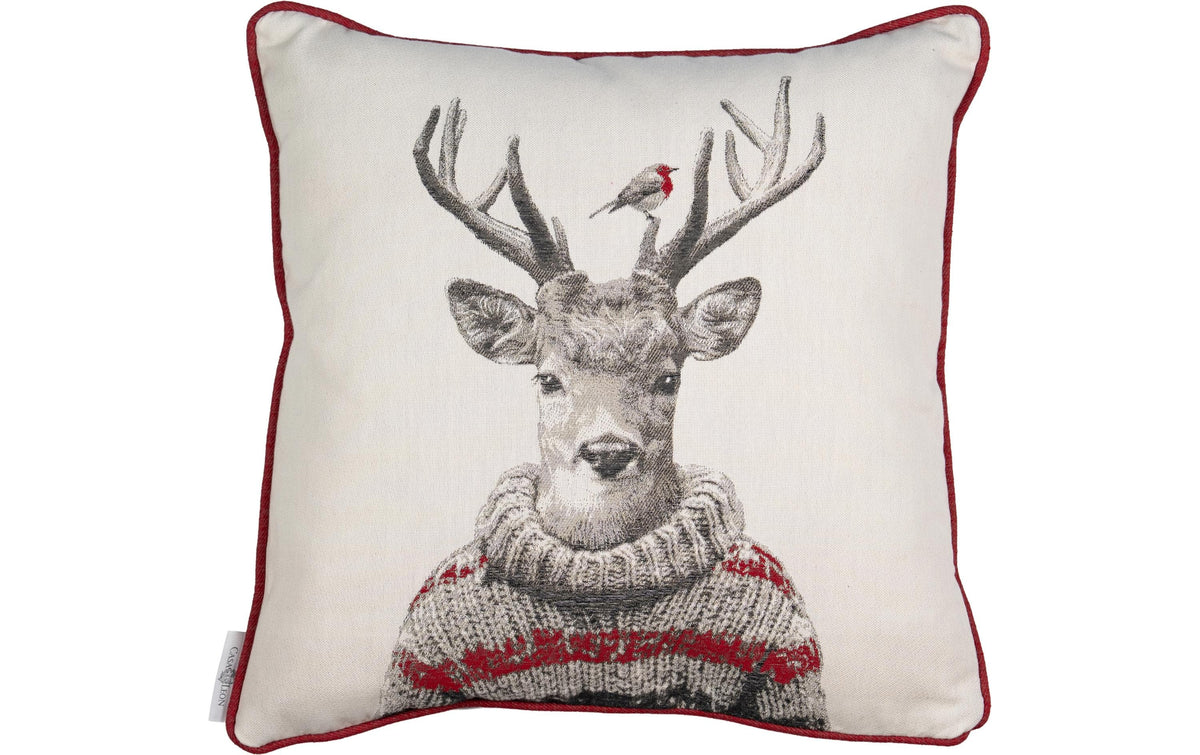 Casa Leon Kissenhülle Hirsch mit Pullover Beige-rot, 45 x45 cm