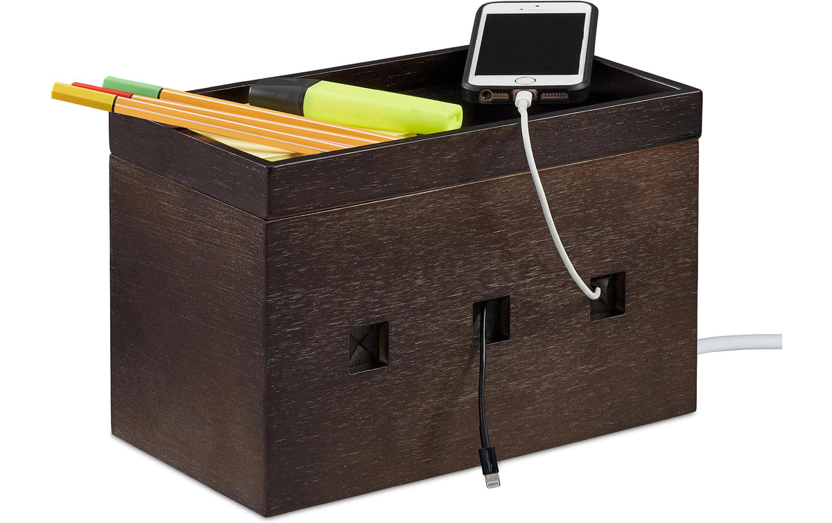 Relaxdays Kabelbox Bambus dunkelbraun, 16.5x25.5x14cm (HxBxT)