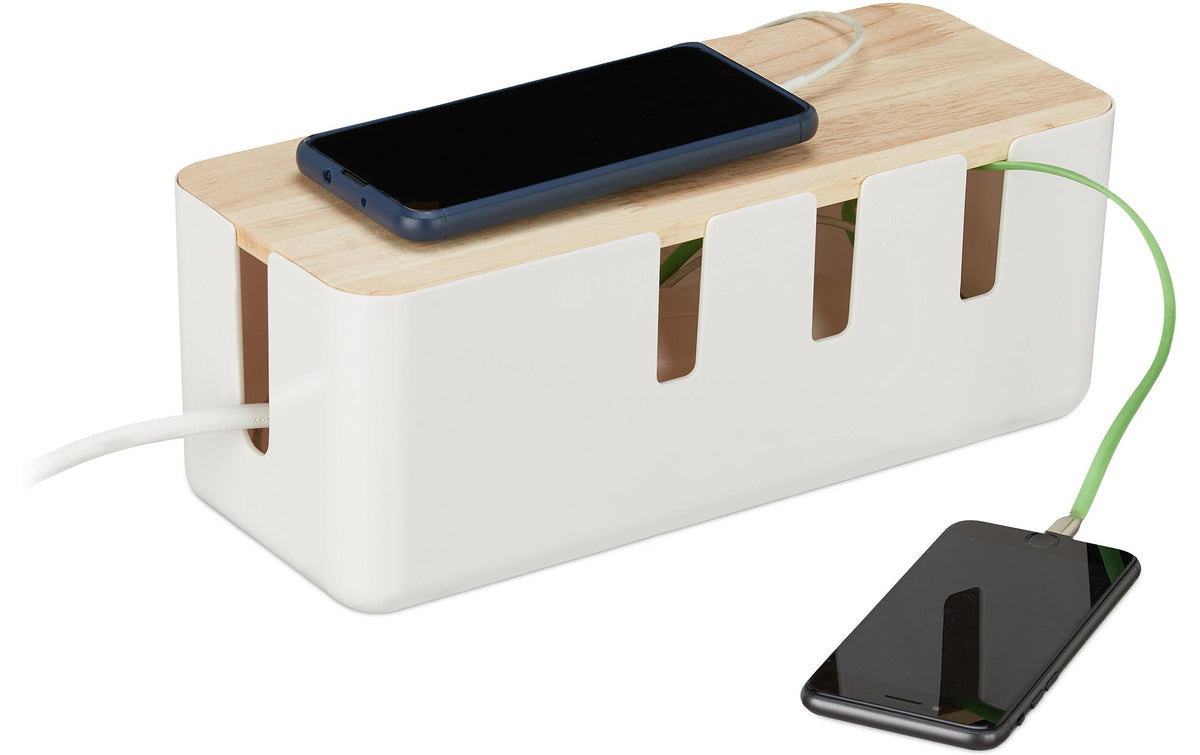 Relaxdays Kabelbox mit Holzdeckel weiss, hellbraun, 11.5x30x12.5cm (HxBxT)