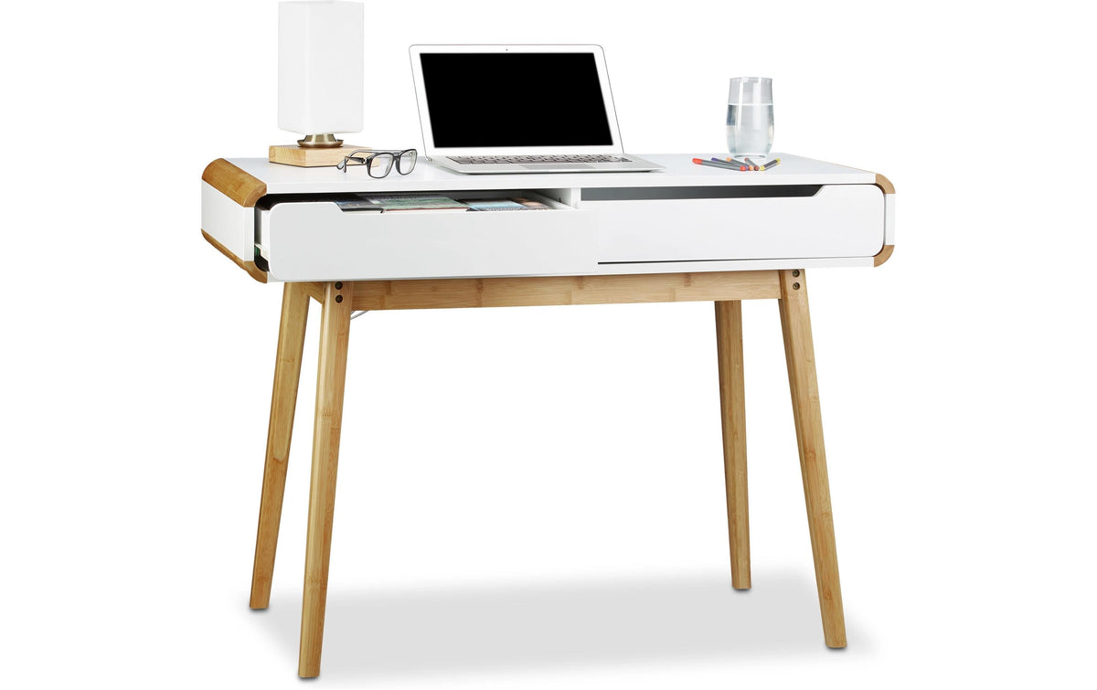 Relaxdays Schreibtisch mit Schubladen weiss, hellbraun 100x45cm (BxT)