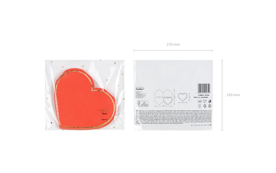 Partydeco Servietten Herz Rot, Goldrand, 14.3x12.5 cm