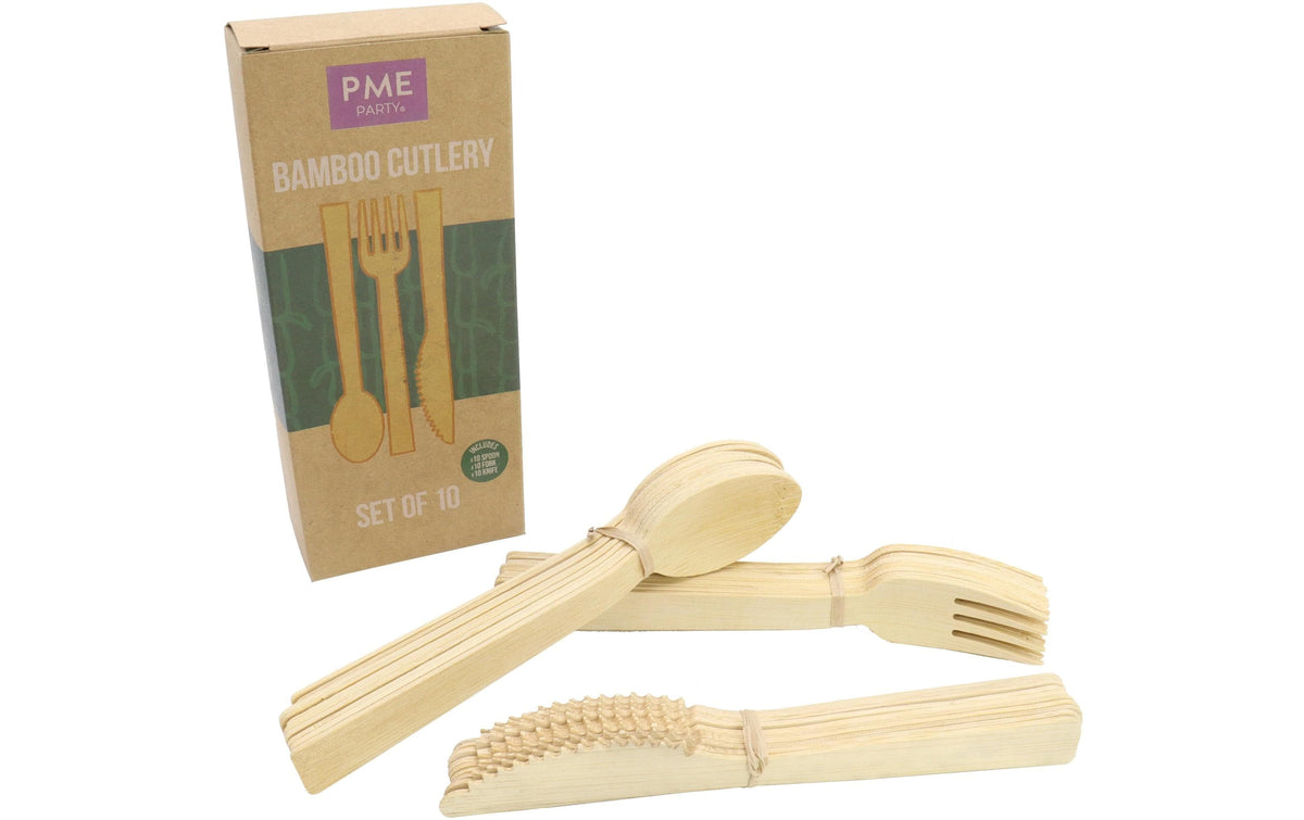 PME Bambus Einwegbesteck Set Je 10 Stück Messer, Löffel, Gabel
