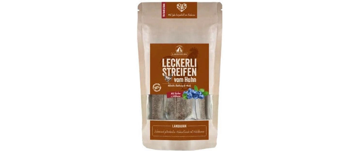 Lakefields Dog Snack Trockenfleisch Streifen Landhuhn, 90% Frischfleisch, 150g