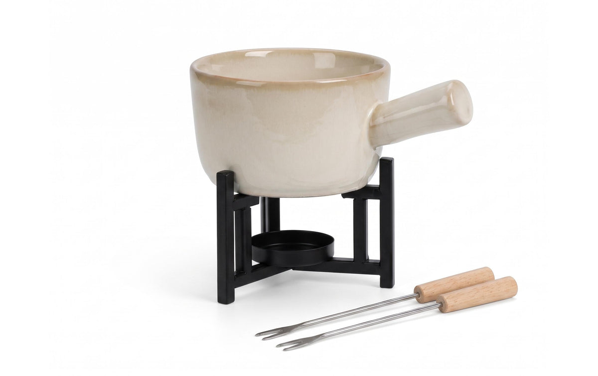 FURBER Fondue Set Porzellan,Metalstand,2 Gabeln
