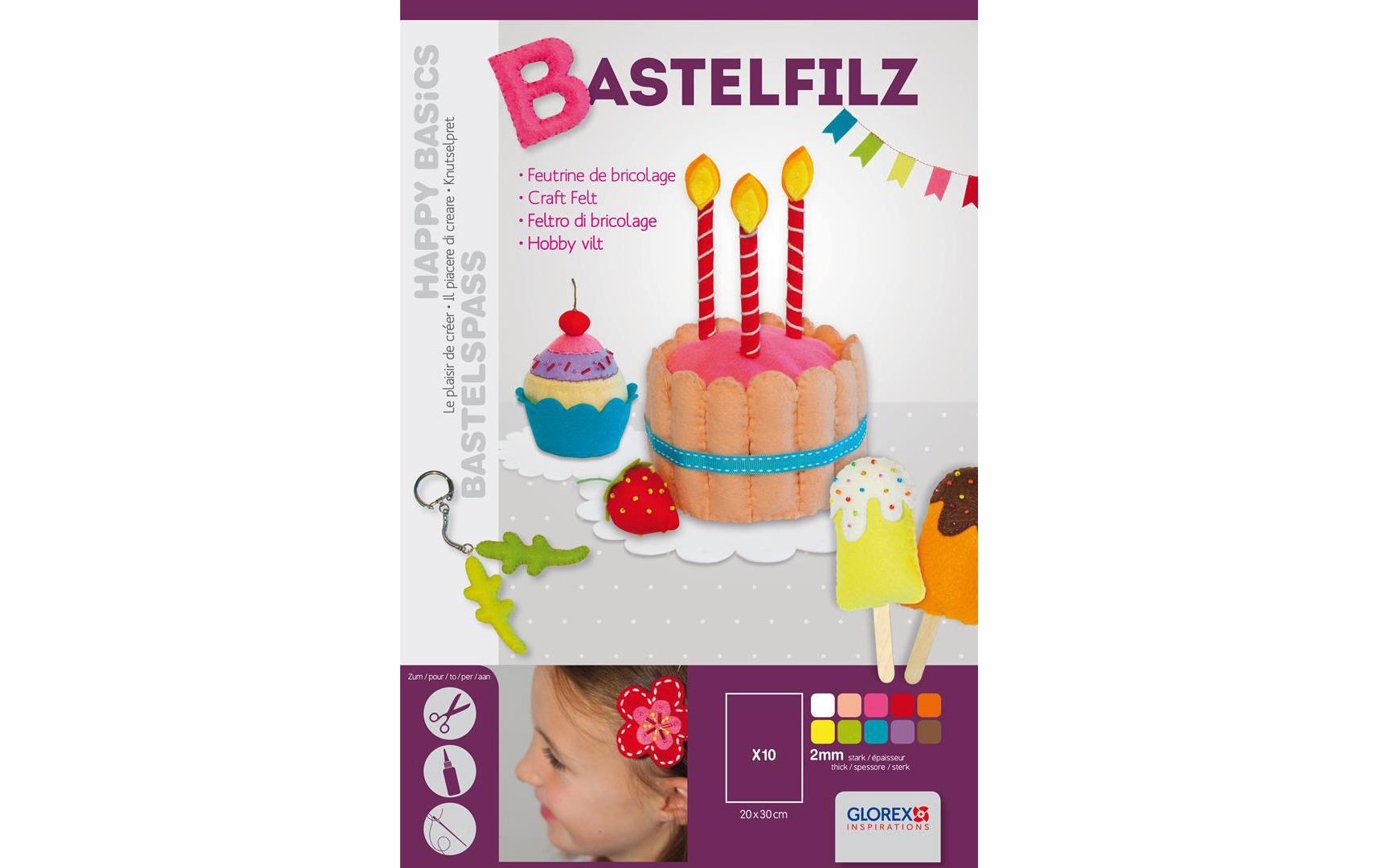 Glorex Bastelfilz 2 mm / 250 g/m2 10 Bogen, 20 x 30 cm, farbig assortiert