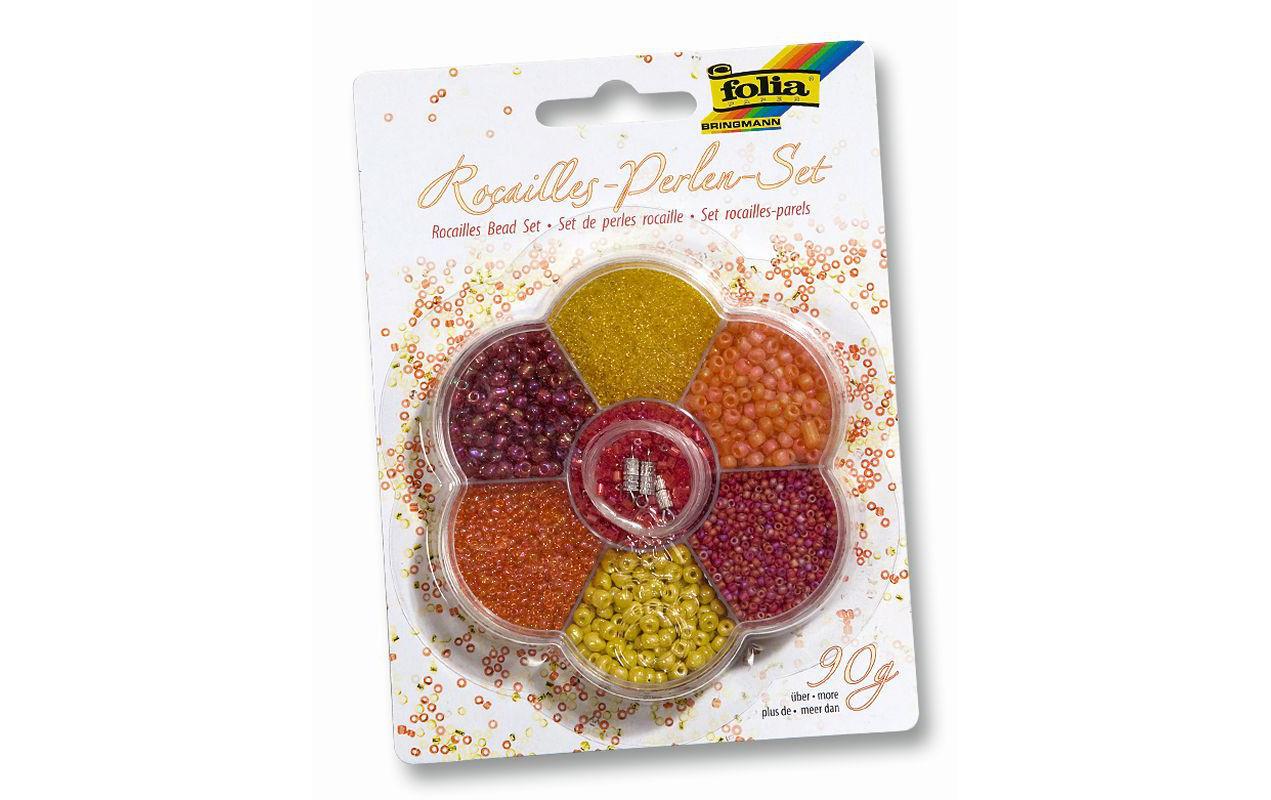 Folia Rocailles-Perlen gelb/rot Packung à 90g, Nylonfaden, 3 Verschlüsse