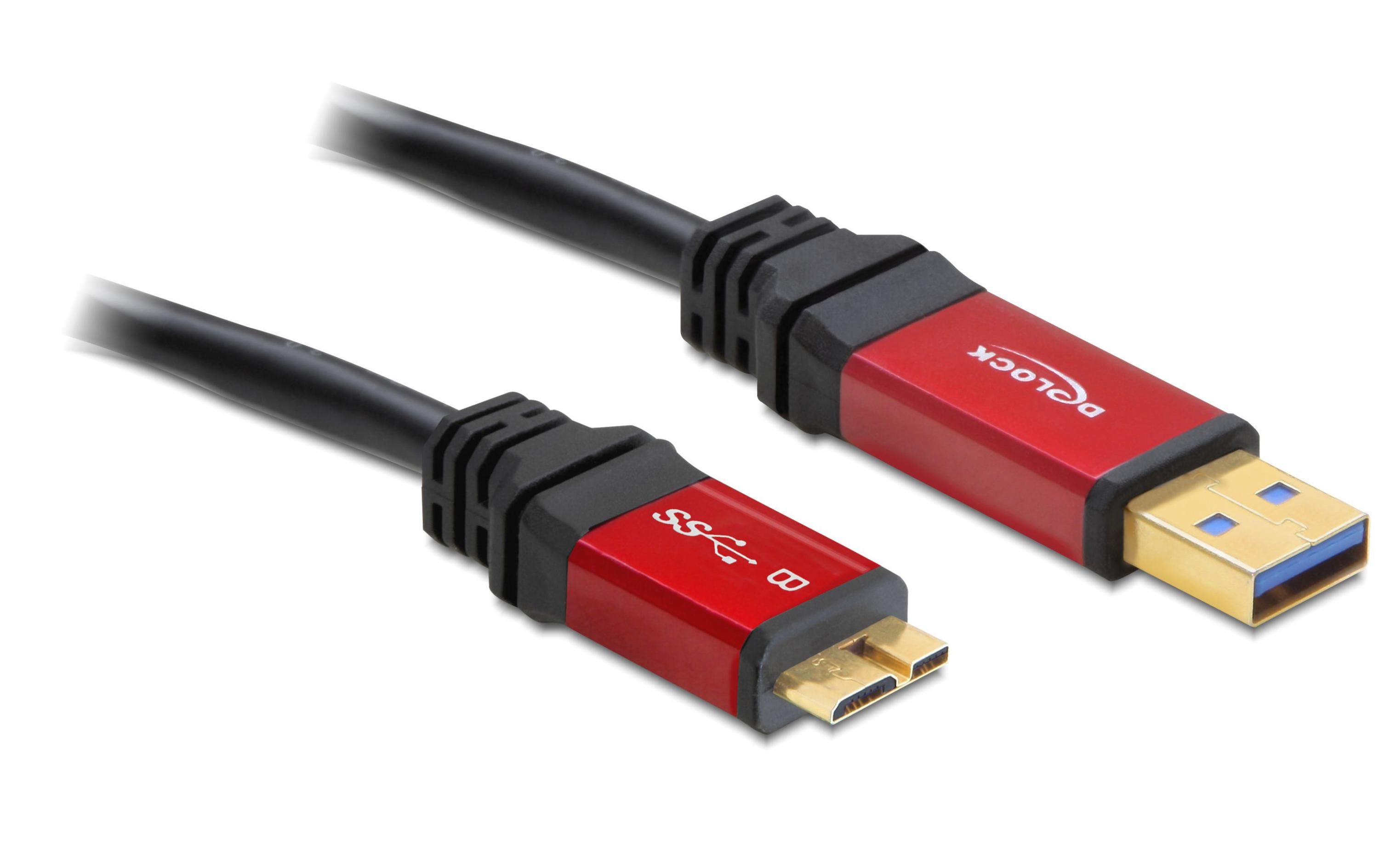 USB3.0 Kabel, A-Stecker zu Micro-B-Stecker 5m, schwarz, roter Metallstecker, Premium