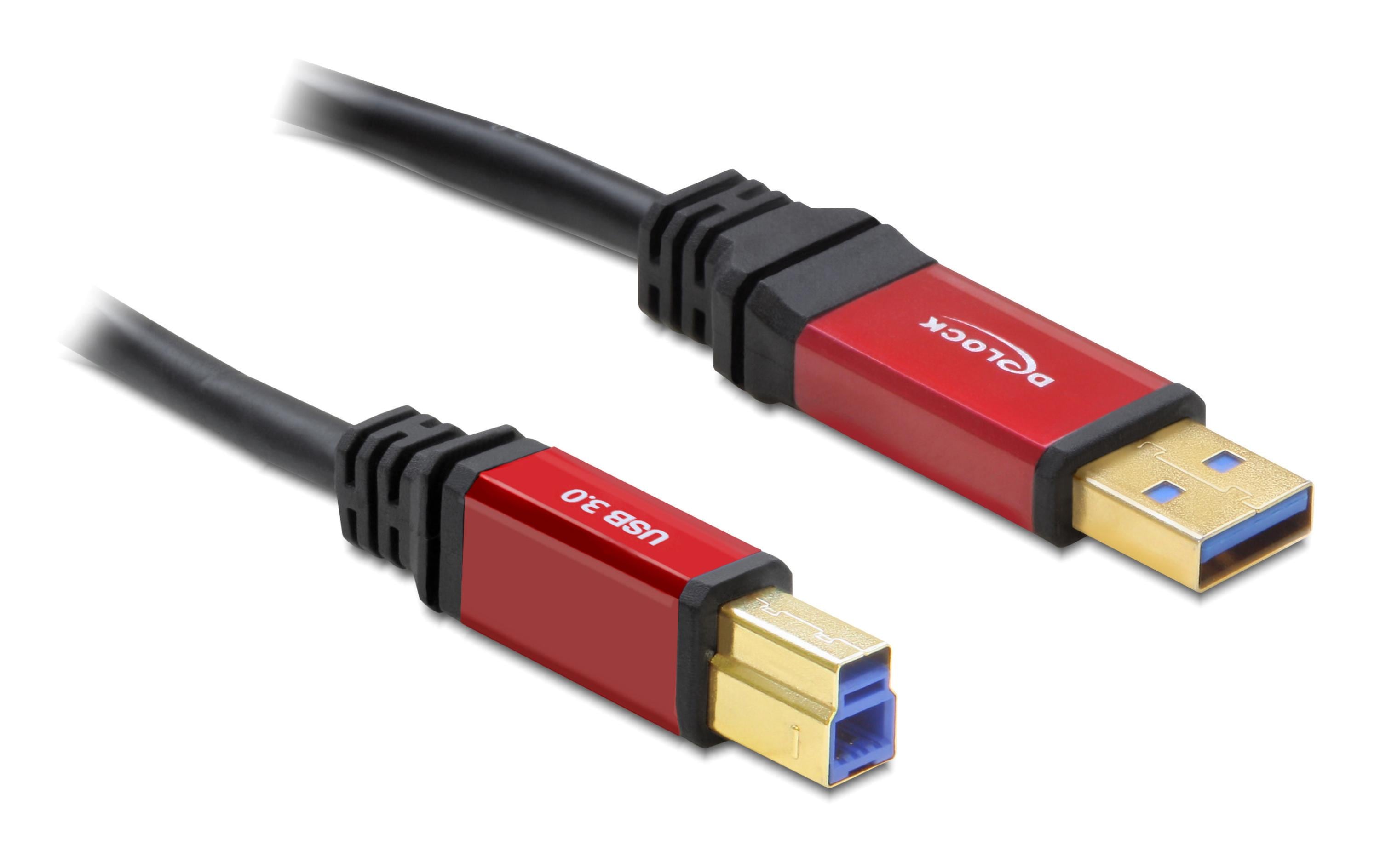 USB3.0 Kabel, A-Stecker zu B-Stecker 1m, schwarz, roter Metallstecker, Premium