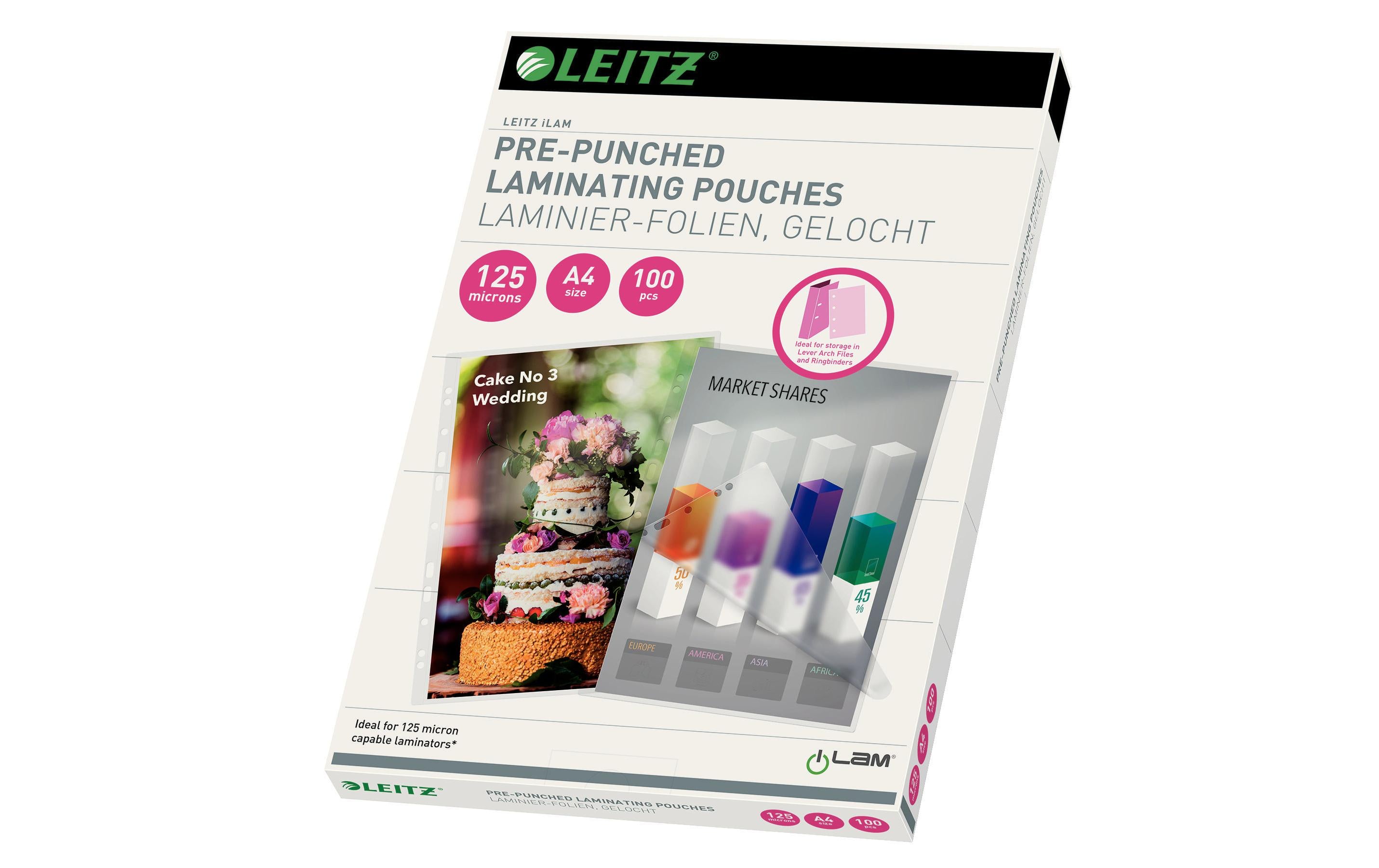 Leitz Heisslaminierfolien A4 125 mic, 100 Stück, mit Abheftlochung