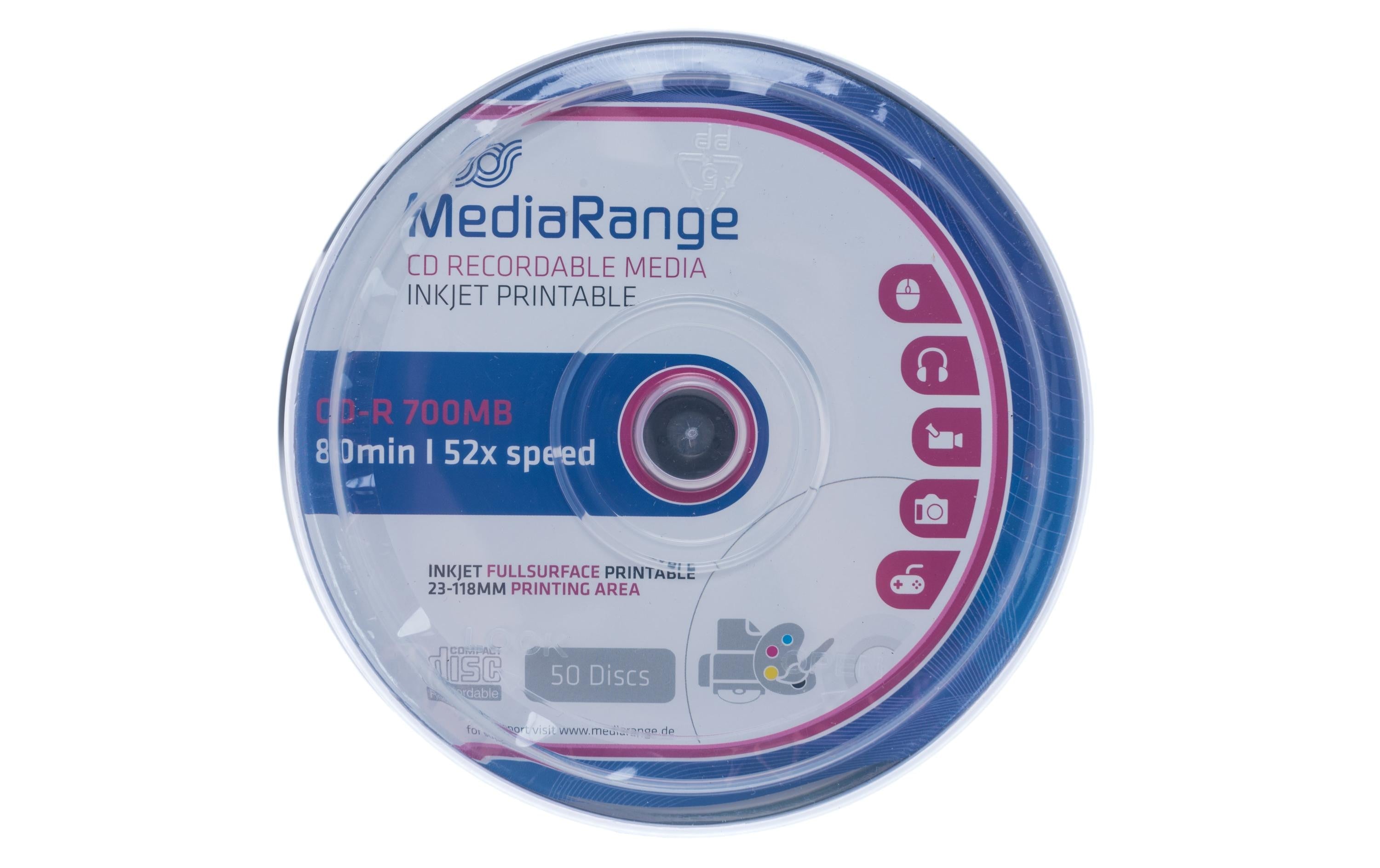 Mediarange CD-R 52x 80Min/700MB 50-Spindel Bis 52-fach, bedruckbar / mit Logo