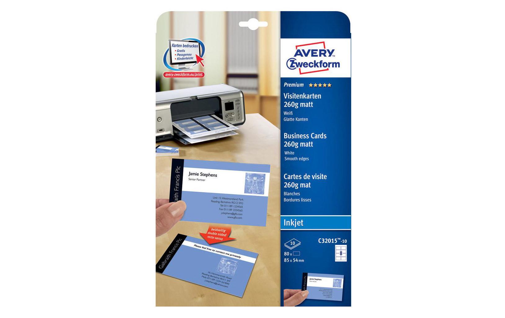 Avery Zweckform Visitenkarten Click & Clean 10 Bogen/80 Karten, Inkjet