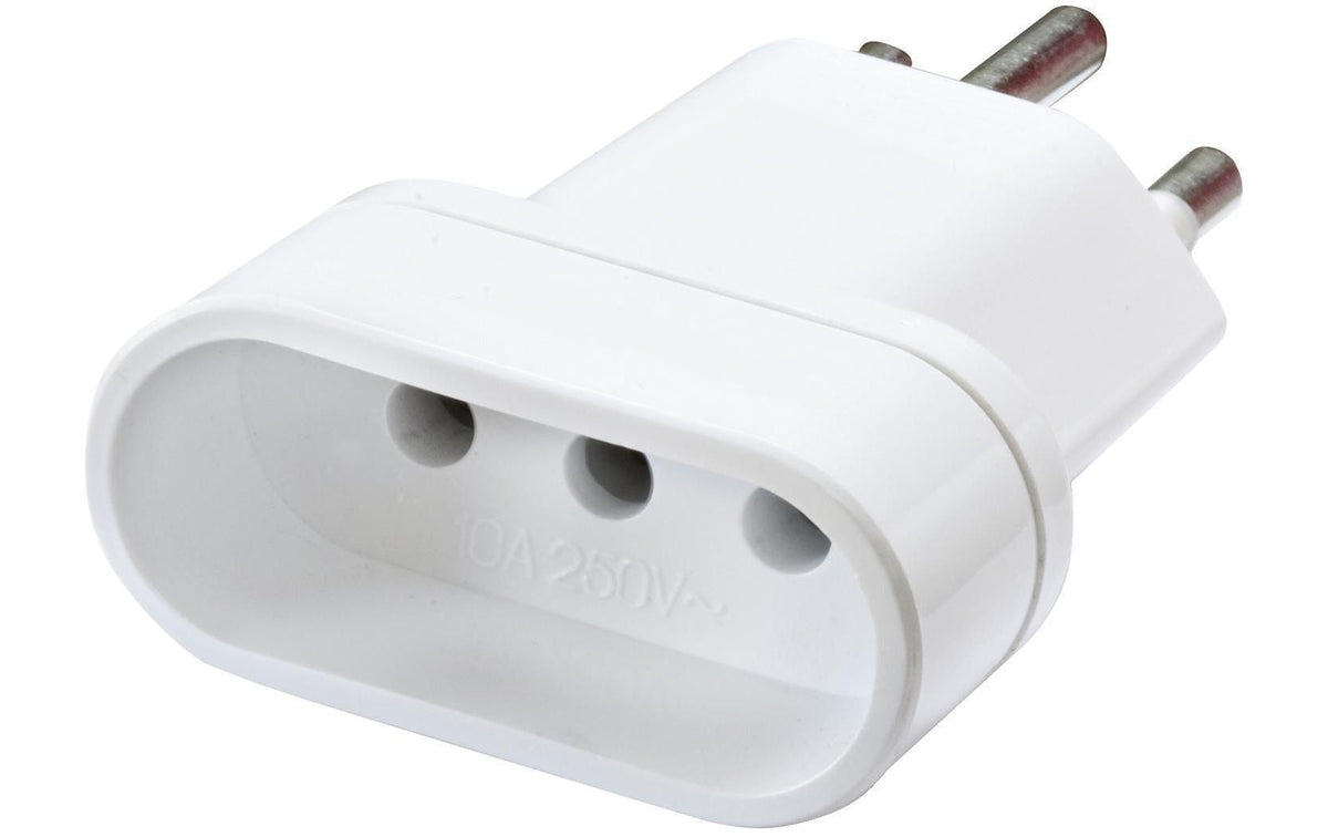 Reiseadapter 3-Pol Italien / Schweiz Stecker Schweiz / Buchse Italien, weiss