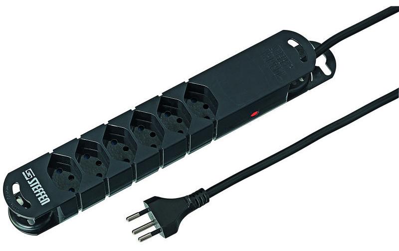 STEFFEN Steckerleiste STEBA VARIABL, 6xT13 3m Kabel, schwarz, Reset-Knopf, mit Magnet