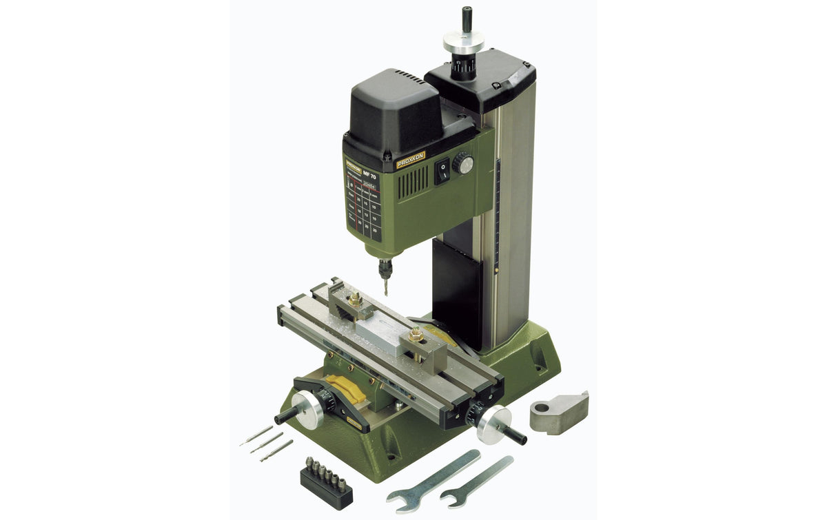 Proxxon MICRO-Fräse MF70 Kreuztisch, Stahlspannzangen, Stufenpratzen