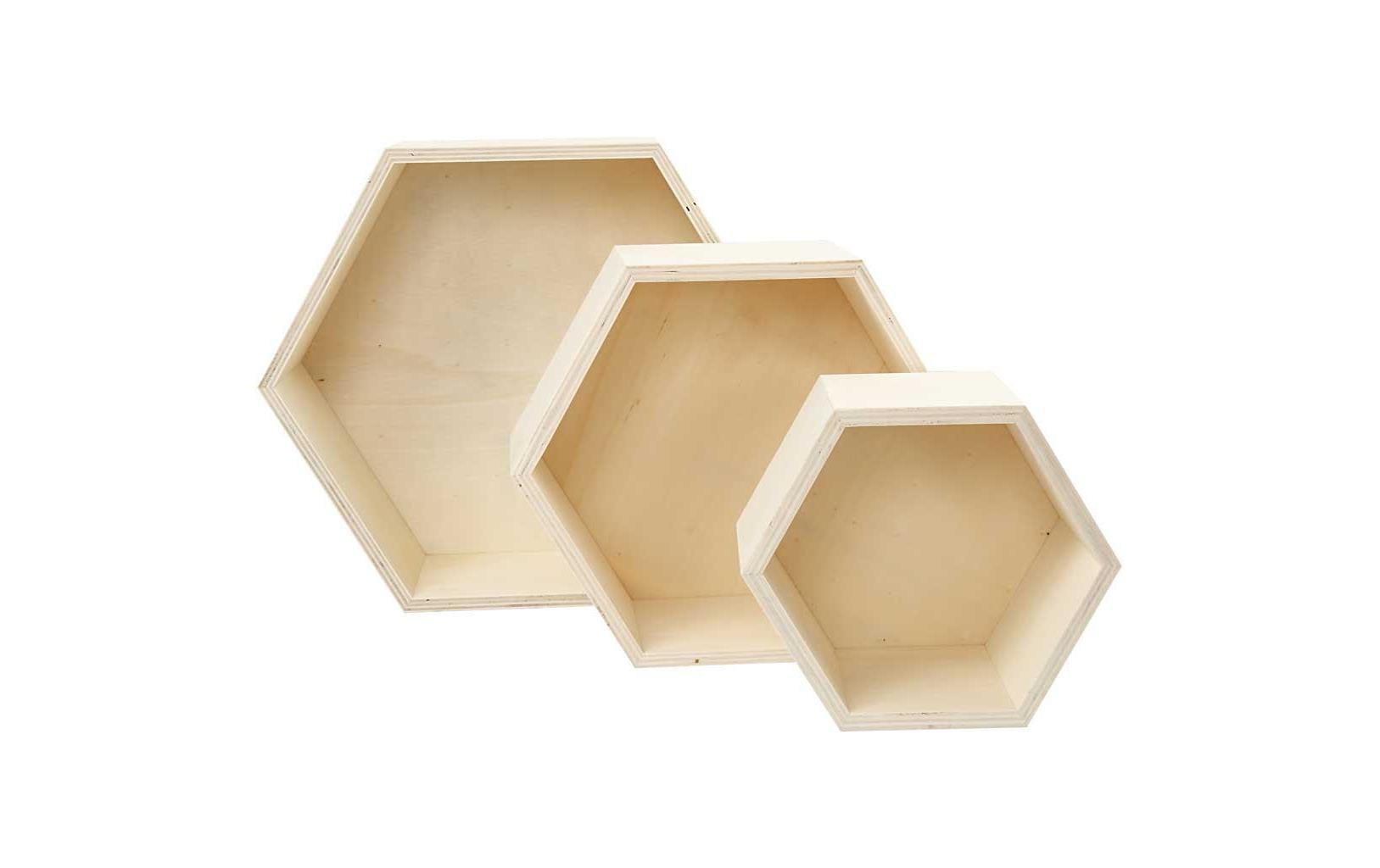 Creativ Company Holz Wandregal Hexagonal 3 Stück, H: 14.8 + 19 + 24.2 cm, T: 10 cm