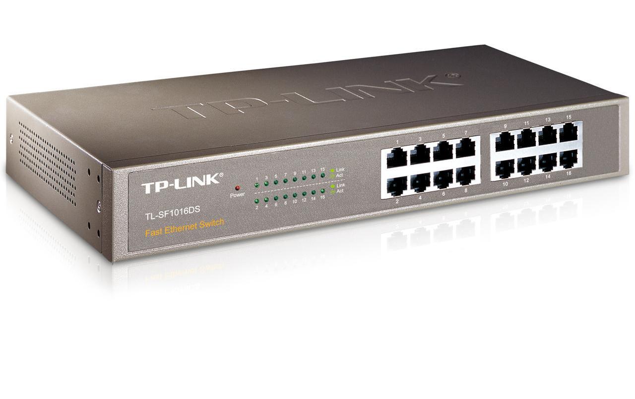 TP-Link TL-SF1016DS: 16Port Switch, 100Mbps int. NT, lüfterlos, Rackmount Stahlgehäuse