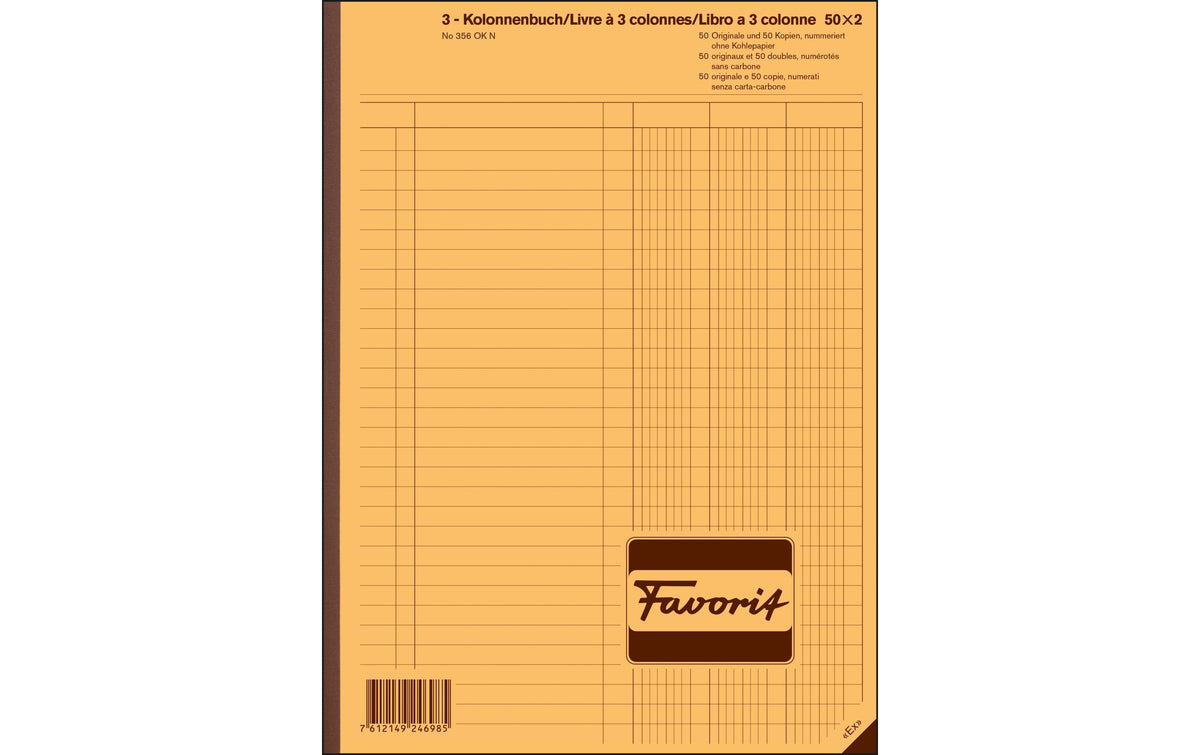 Favorit 3 Kolonnen-Durchschreibebuch weiss weiss, nummeriert, D/F/I, 220x297mm, 50x2