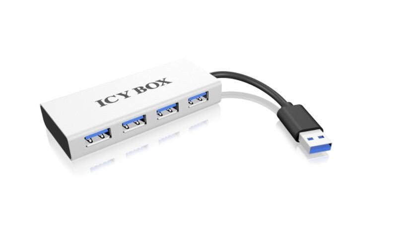 ICY BOX IB-AC6104, weiss, 4x USB3.0 Hub, mit integriertem Kabel, Plug & Play