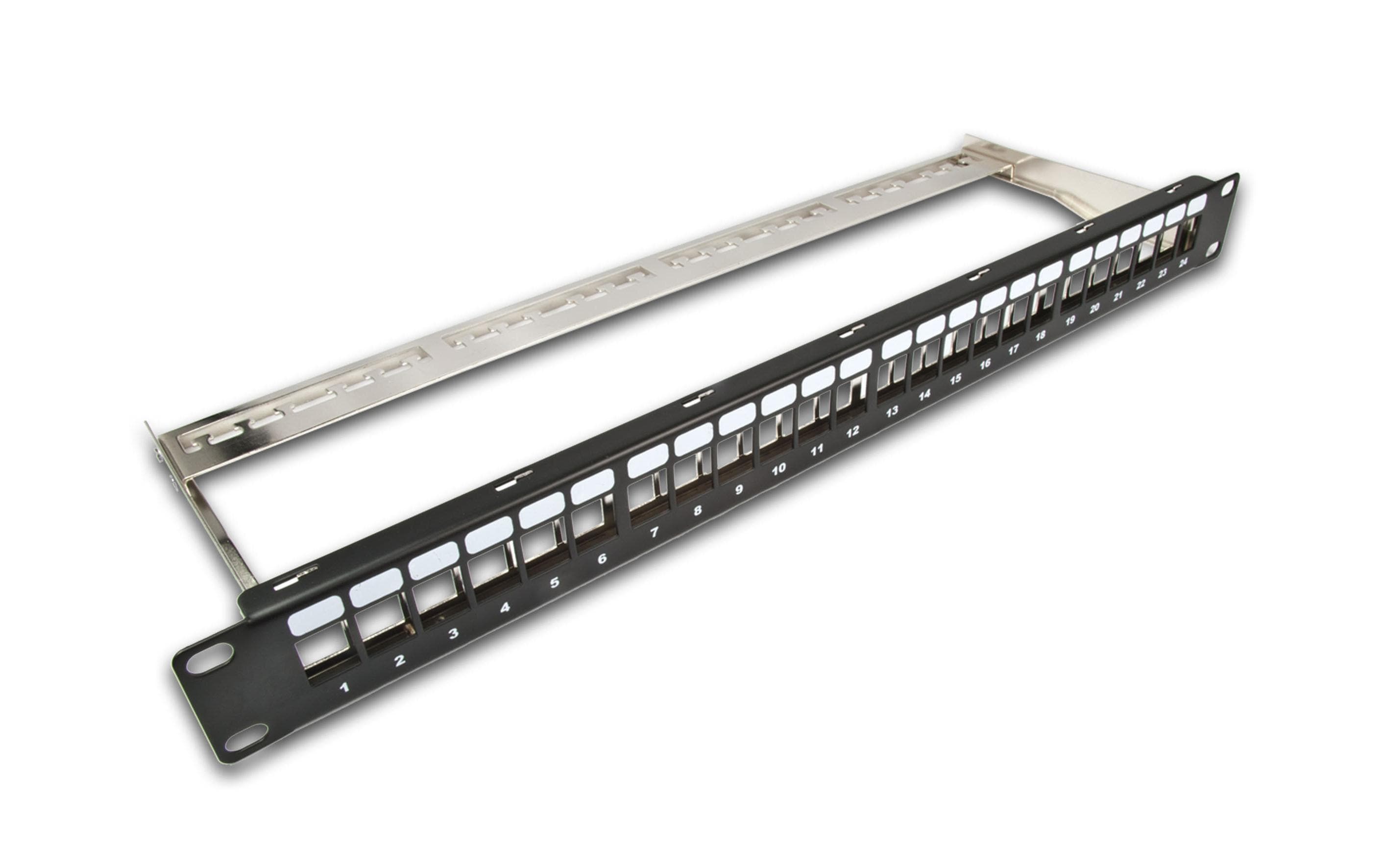 24-Port 1HE Patchpanel, geschirmt schwarz, Leerpanel für Keystone Modul 19"