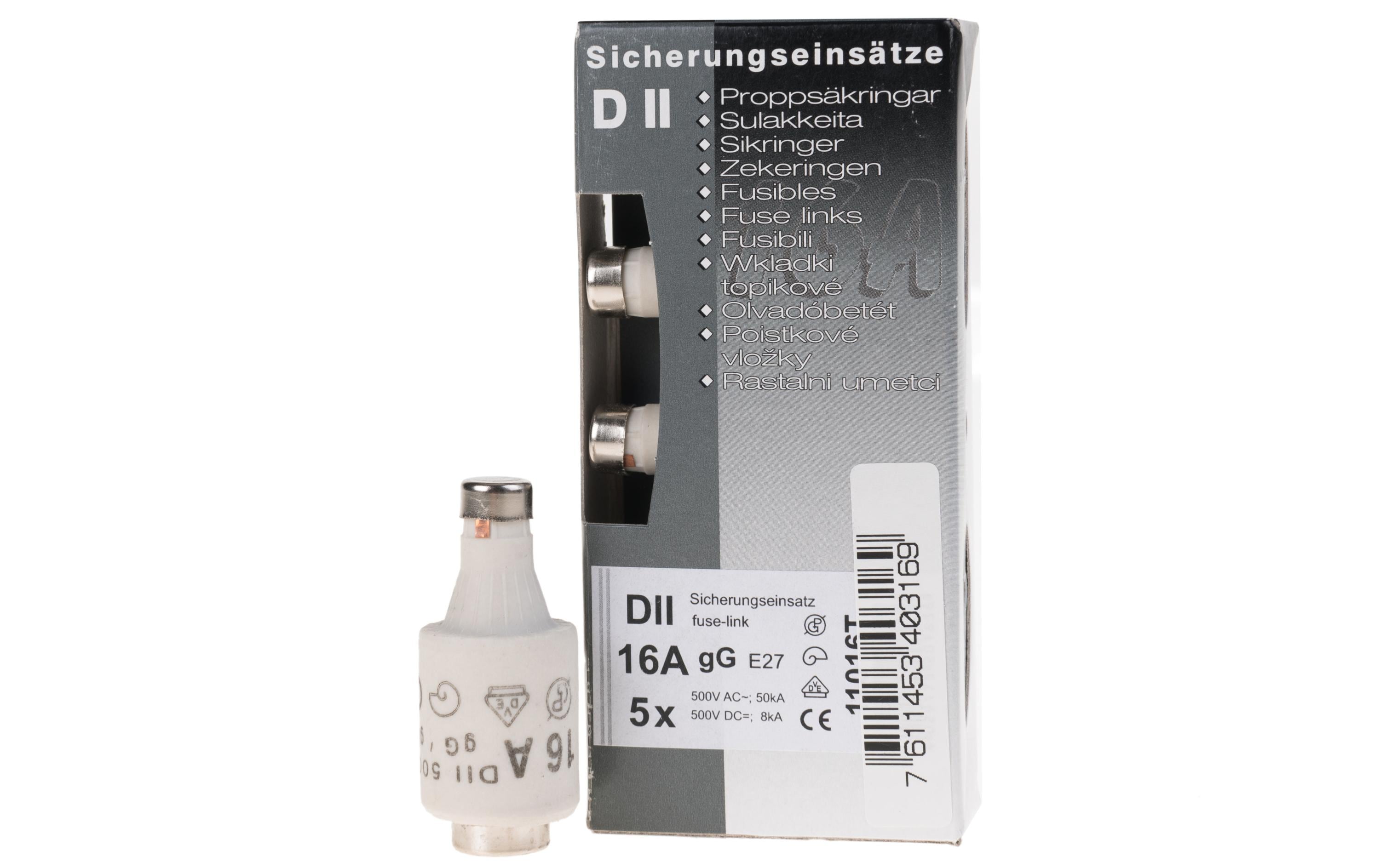 Sicherungseinsätze DT II 16A träge, 5 Stück