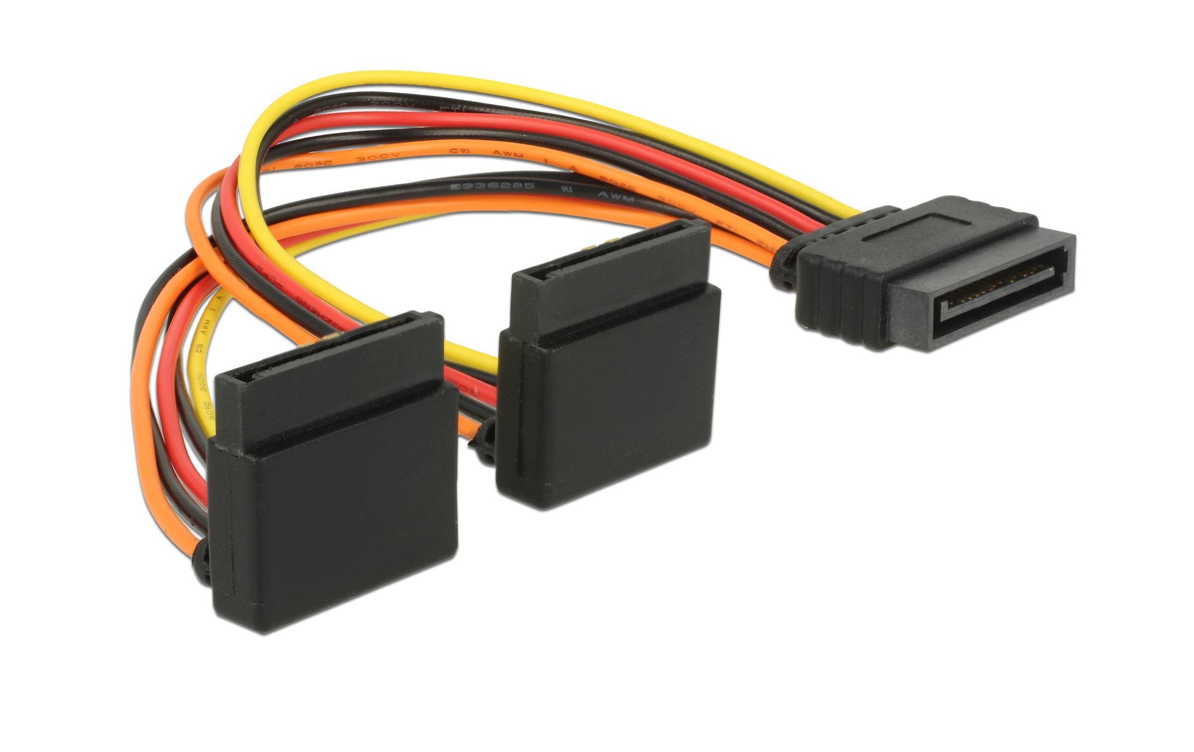 SATA zu 2x SATA Stromadapter, 90° gewinkelt 15cm, 3,3, 5 und 12 Volt, Metallclips