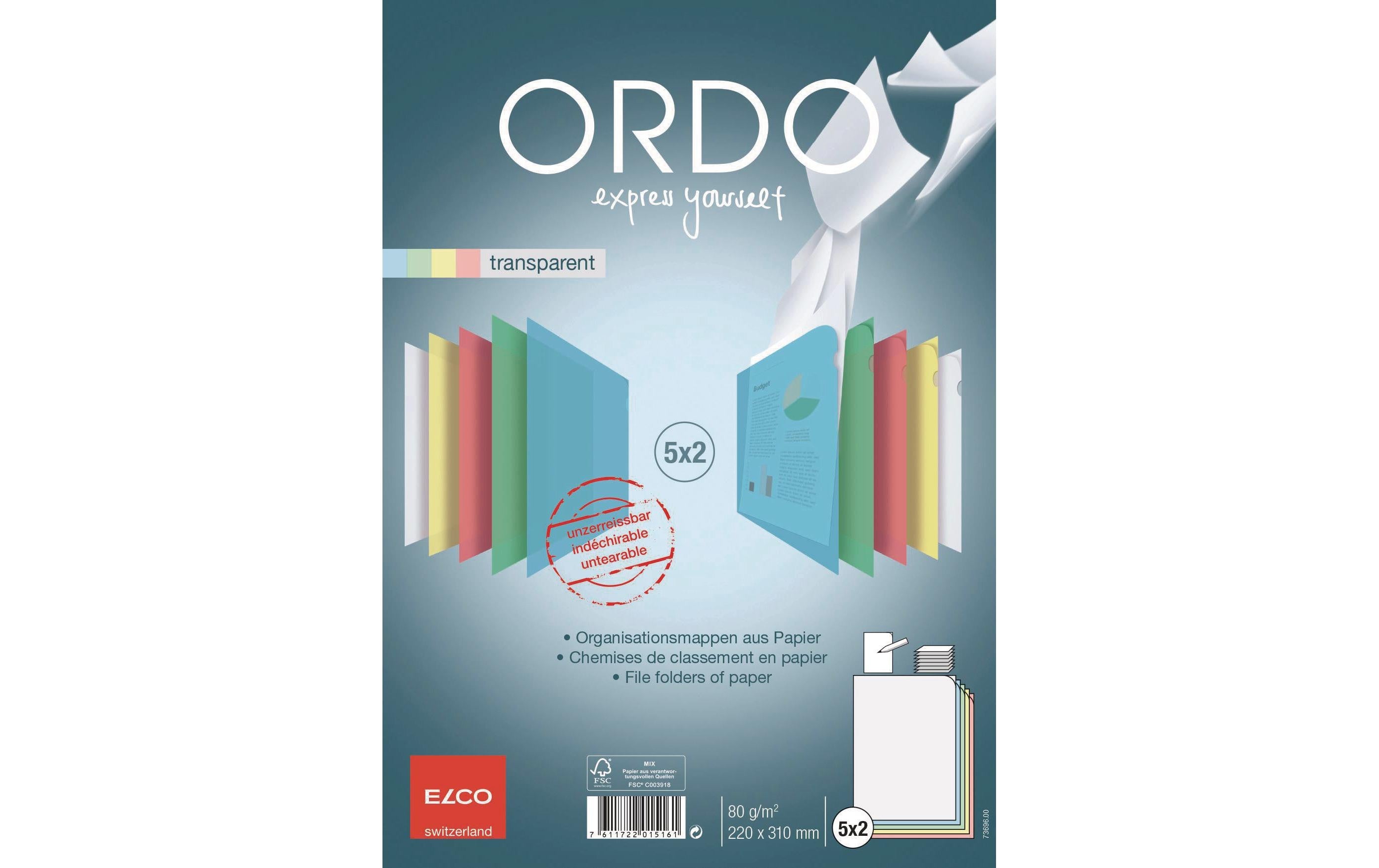 Elco Sichtmappe Ordo transparent, 5 Farben Packung à 10 Stück