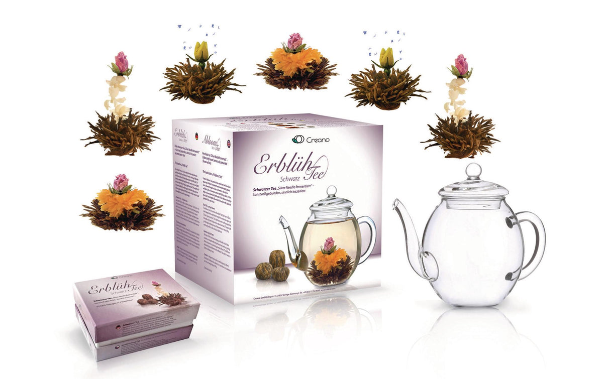 Creano Erblühtee Schwarzer Tee Geschenkset 6 Teeblumen, 1 Creano Teekanne