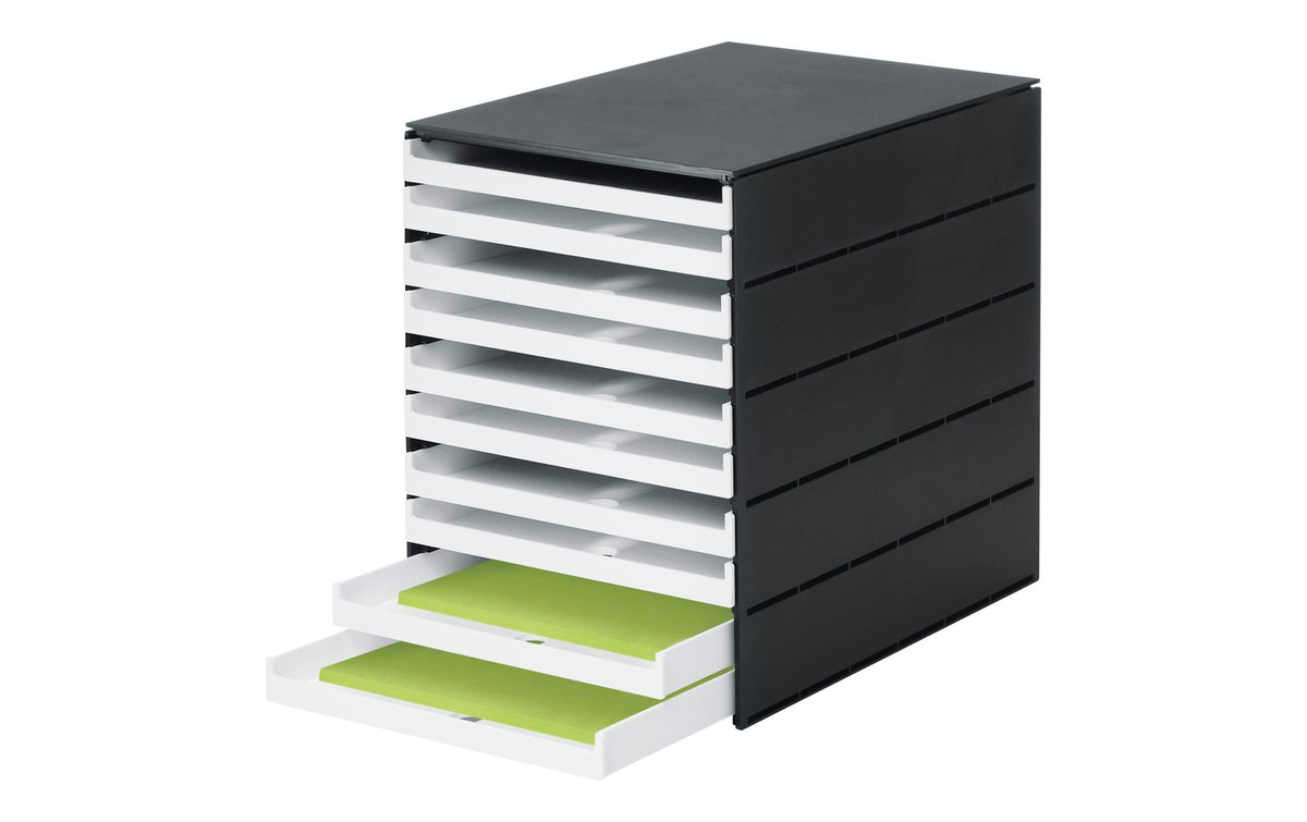 Styroval pro Box mit 10 Schubladen offen Gehäuse schwarz, Schubladen weiss