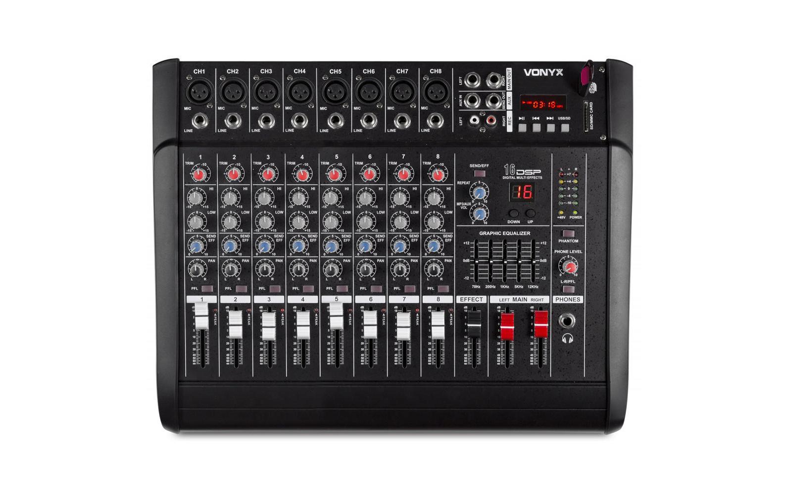 Vonyx AM8A Powermixer 8-Kanal, DSP, USB, SD, BT, MP3