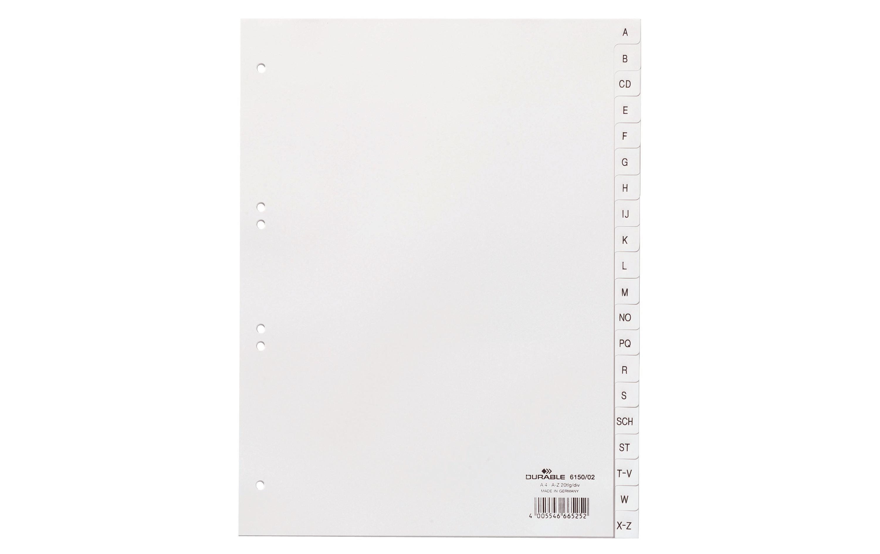 Durable Register A4 A-Z 20-tlg. weiss mit geprägten Taben, aus PP,
