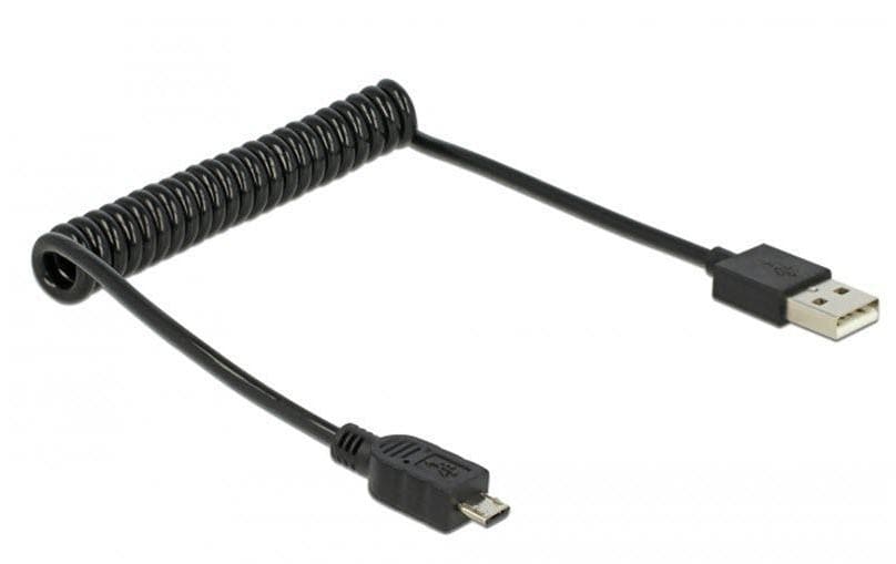 USB2.0 Micro-Kabel, 60cm, A-MicroB, Schwarz mit Spiralkabel
