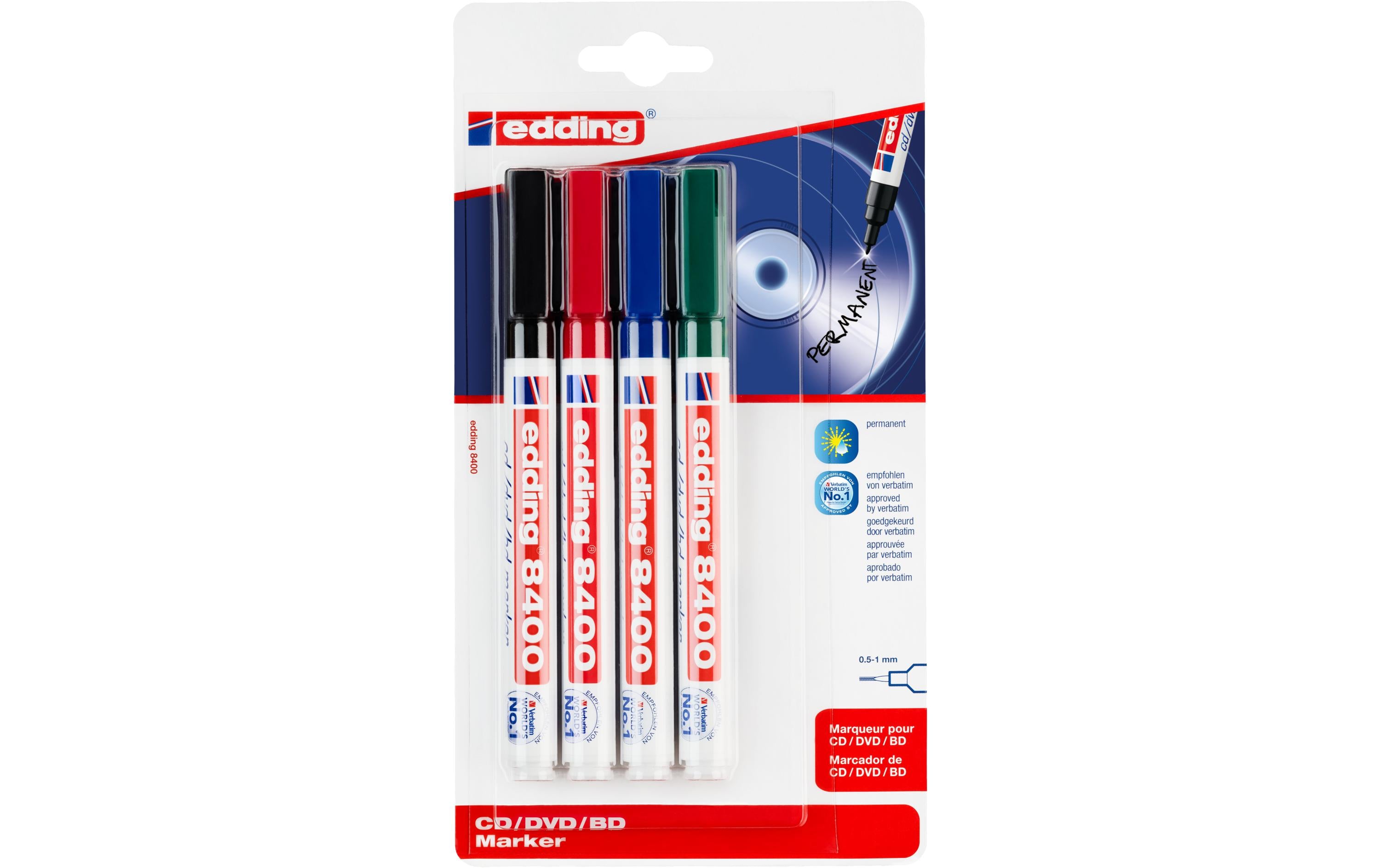 Edding CD/DVD/BD Marker 8400 4er Etui Farben: schwarz, rot, grün, blau