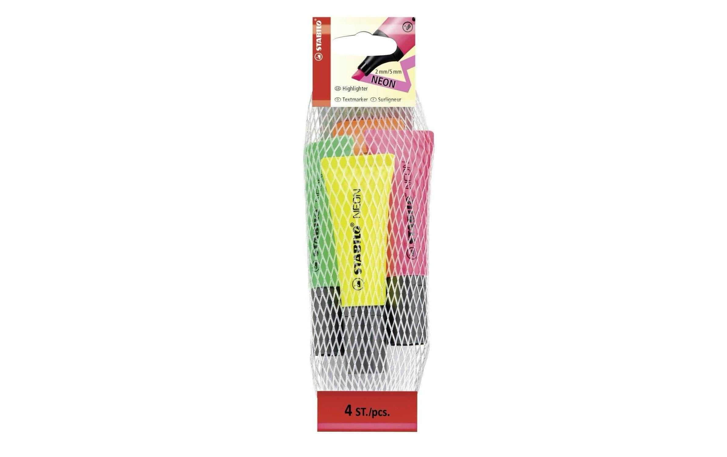 Stabilo Neon Leuchtmarkierer 4er im Netz gelb, rosa, orange, grün