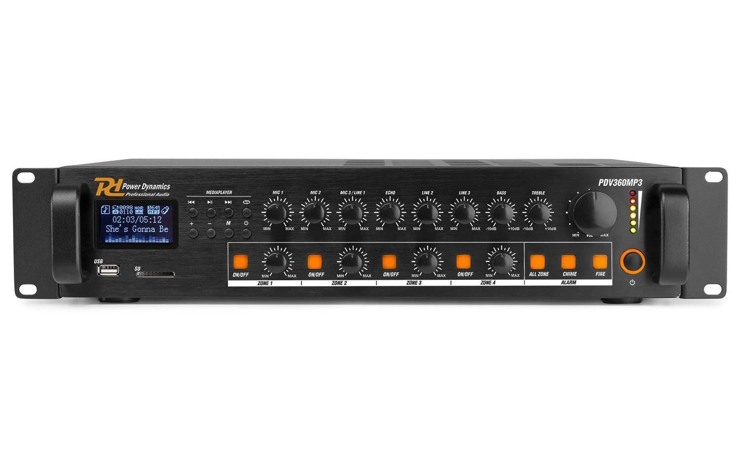 Power Dynamics PDV360MP3 4-Zonen Mischer 360W/100V, Bluetooth, FM, SD-Card, USB