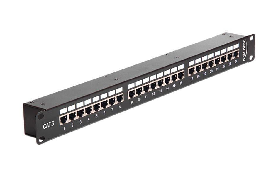 Delock 19" Patchpanel 24 Port, 1HE, schwarz Cat.6, STP, RJ-45 Kupplung
