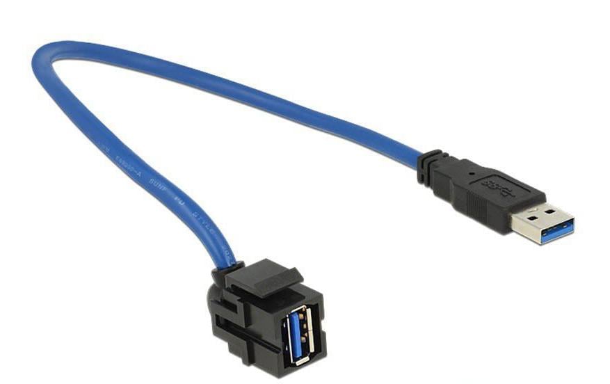 Delock Keystone Jack: USB3.0, 50cm Kabel Buchse-Buchse, schwarz, 250° gewinkelt