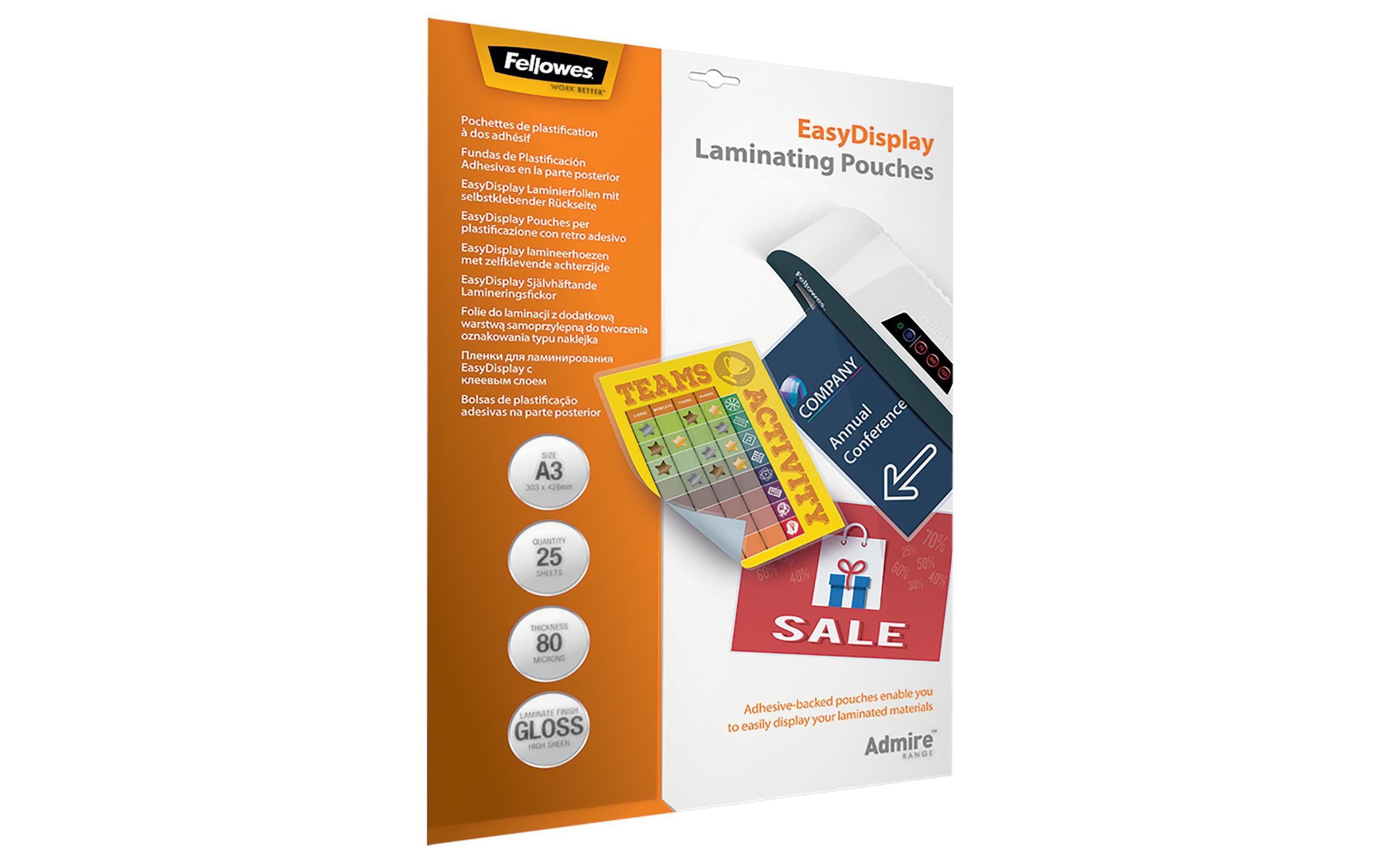 Fellowes Laminierfolien Admire Easydisplay 80 Micron, 25 Stück, A3