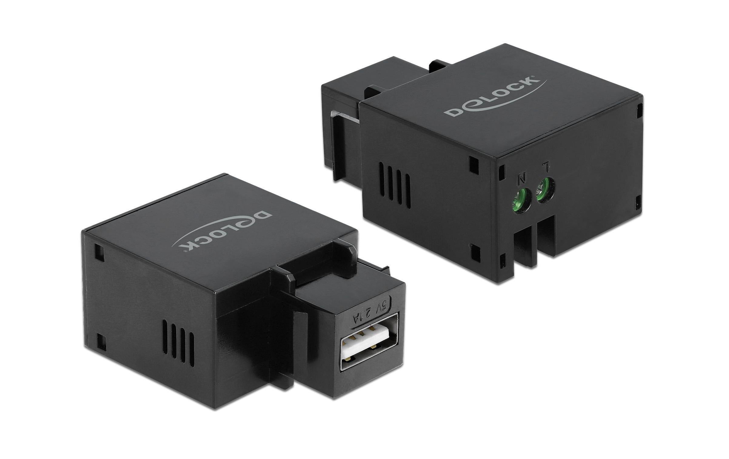 Delock Keystone Jack: USB Typ-A, schwarz 1x USB Typ-A Buchse, 1x 2Pin Terminalblock