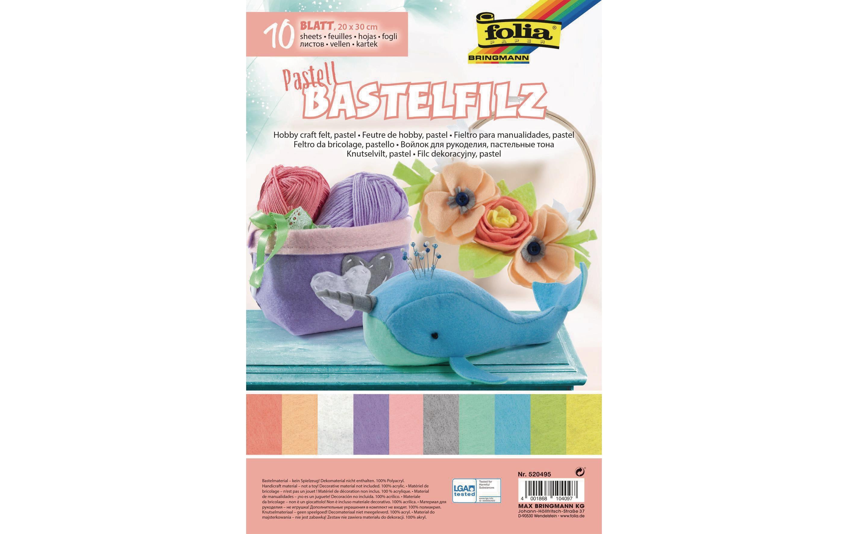 Folia Bastelfilz Pastell 10 Bogen, 20x30cm, 150 g/m2