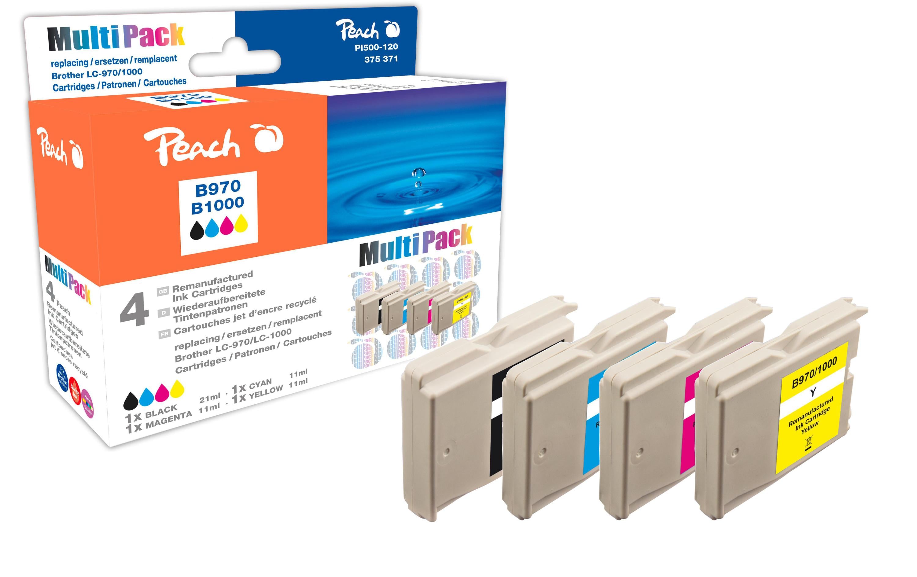Peach Tinte Brother Combi Pack XL Füllung LC-1000/970/ je 1x bk, c, m, y