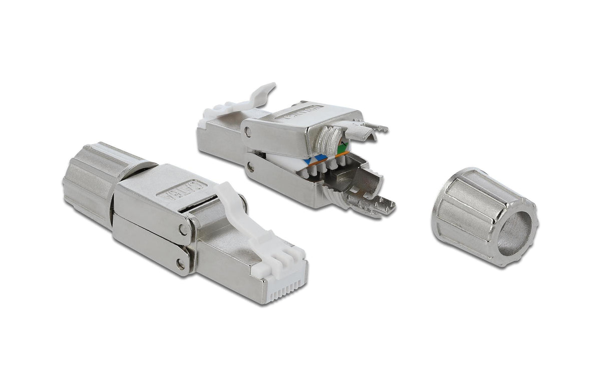Delock RJ45 Stecker, Cat.6A, verschraubbar geschirmt, Werkzeugfrei, Massiv und Litzen