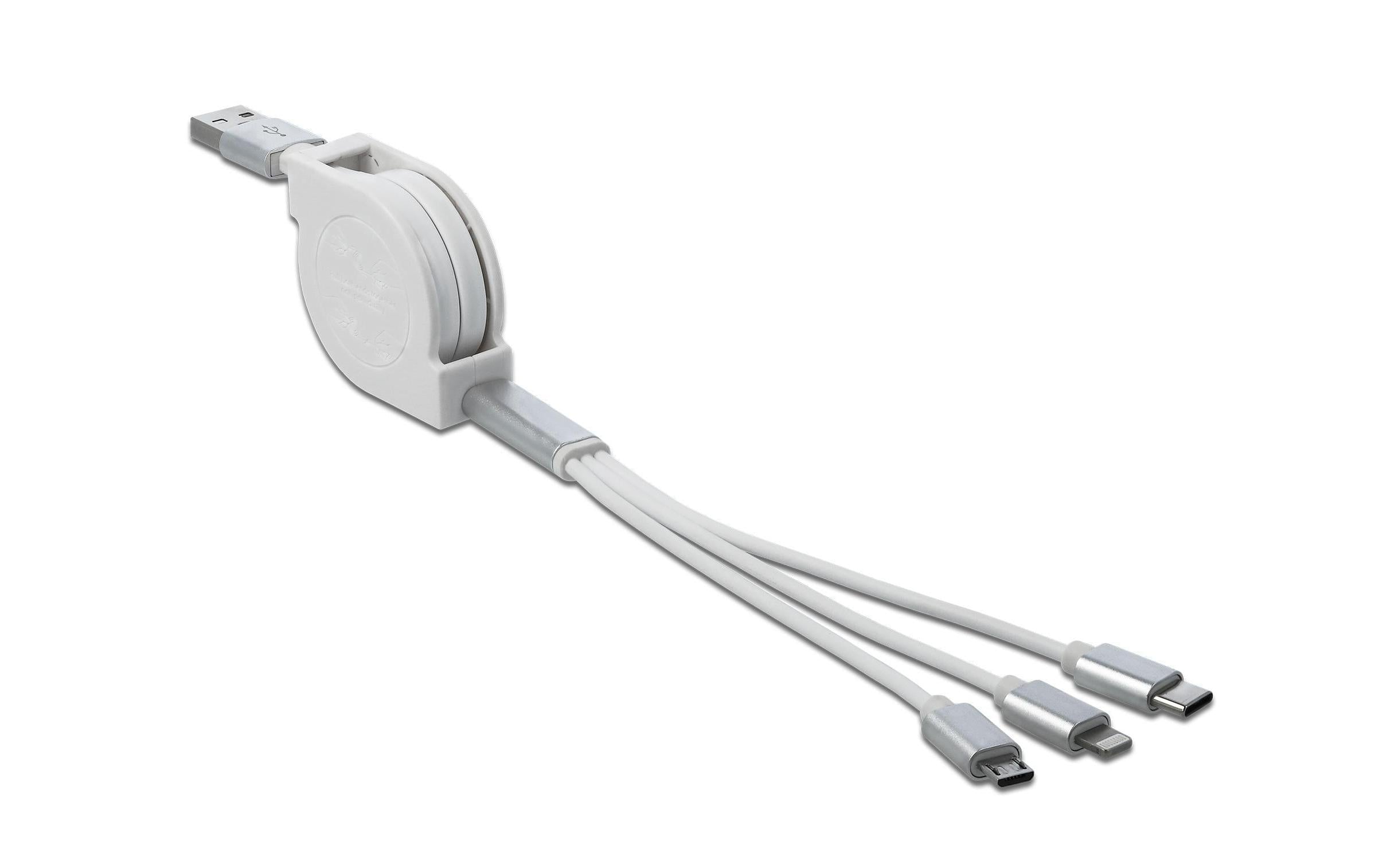 USB2.0-Ladekabel Aufrollkabel, weiss, 0.82m für USB-MicroB, Typ-C, Apple Lightning